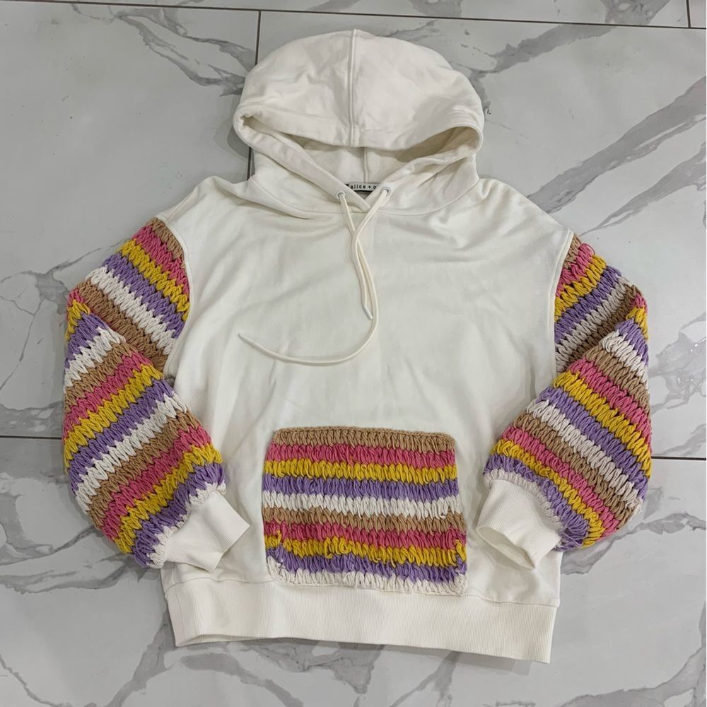 Alice + Olivia Women Nisa Crochet Combo Hoodie Pullover Off White Multi Small ?